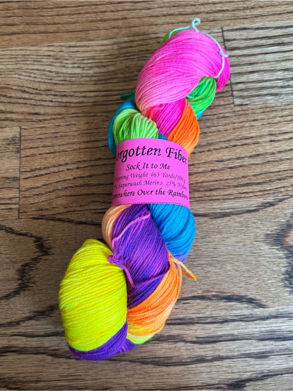 Forgotten Fibers Yarn Skein Fingering Neon Rainbow Sock Wool Blend Hand Dyed